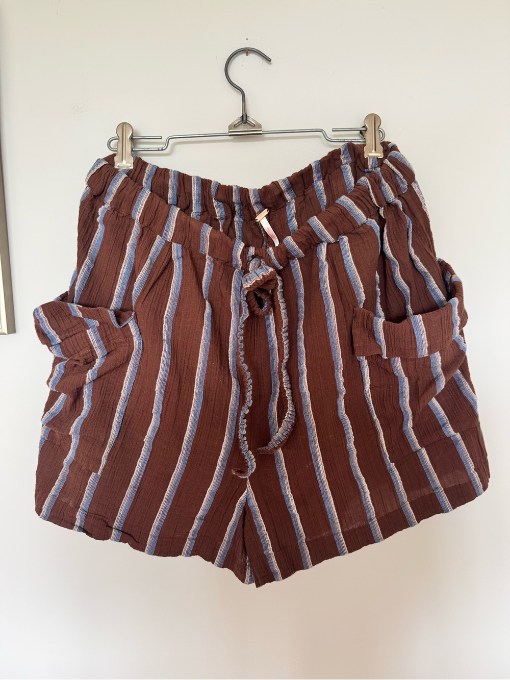 Free People Brown Shorts with Blue and Cream Stripes